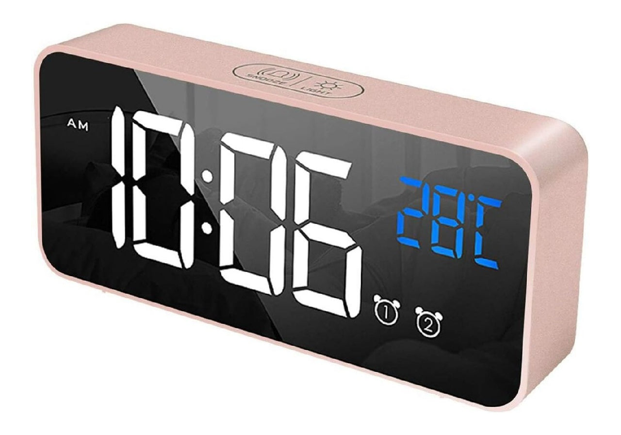 Réveil possédant Numérique Grand Affichage de une Température LED Alarme du Miroir Portable possédant Double Alarme Roupillon Temps Gradateur de Luminosité Réglable sur 4 Niveaux Rose