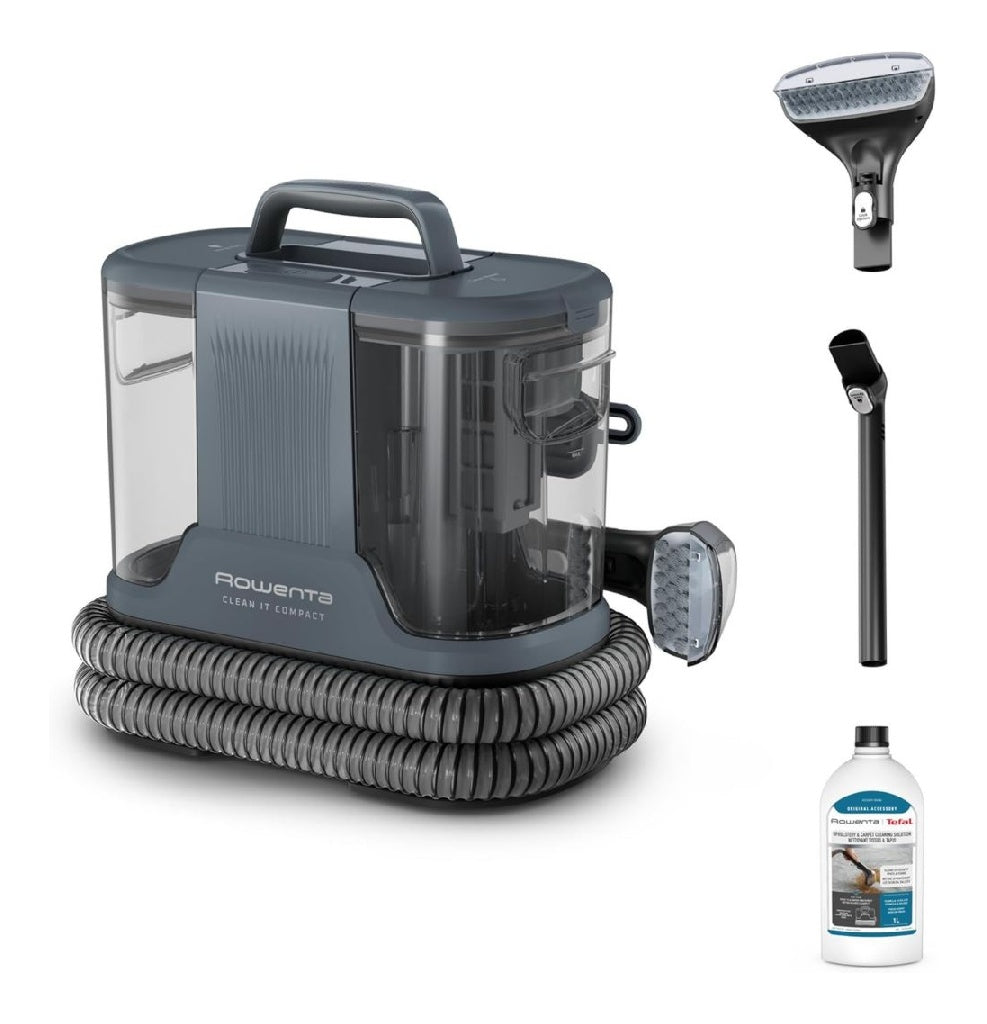 Shampouineuse Clean It Compact Détacheur Portable Grise Nettoyage tapis Canapés et voiture Élimine taches d’animaux Aspiration puissante Brossage ainsi que pulvérisation intégrés